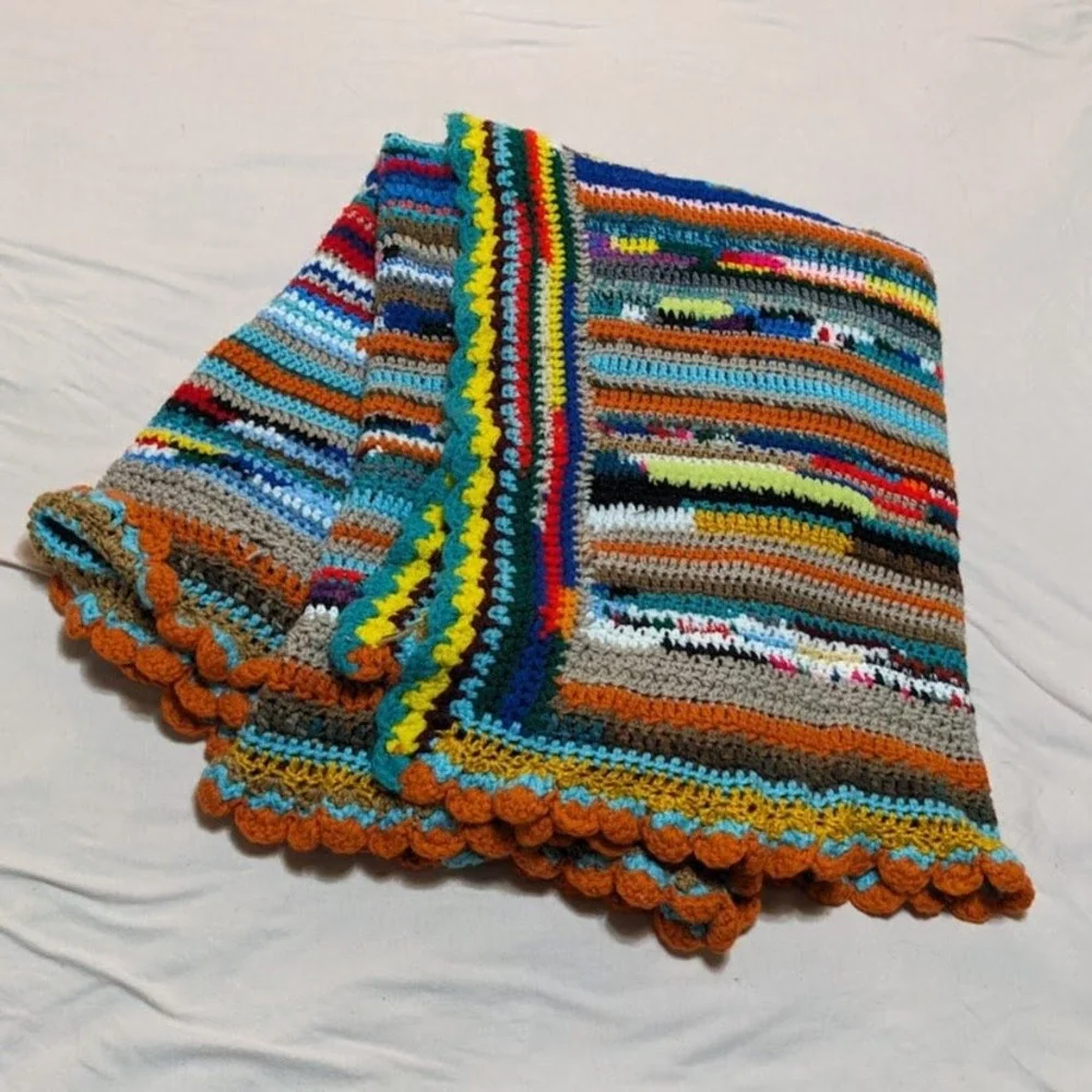 Handmade Crochet Scrap Yarn Blanket Multi Color Boho Striped Throw Scallop Edge